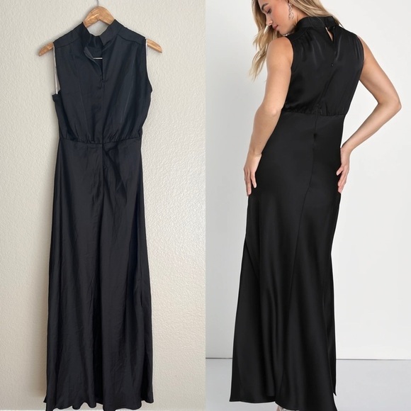 Classic Elegance Black Satin Sleeveless Mock Neck Maxi Dress L - Picture 3 of 9